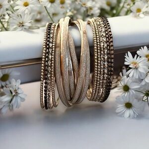 Gold & Rose Bangle Bracelet Set Mixed Metals Textures Stacking Arm Candy 2 Sets